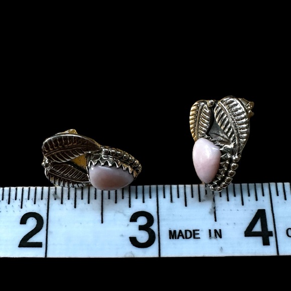 Sterling Silver Leaf & Pink Opal Post Earrings - Picture 7 of 12